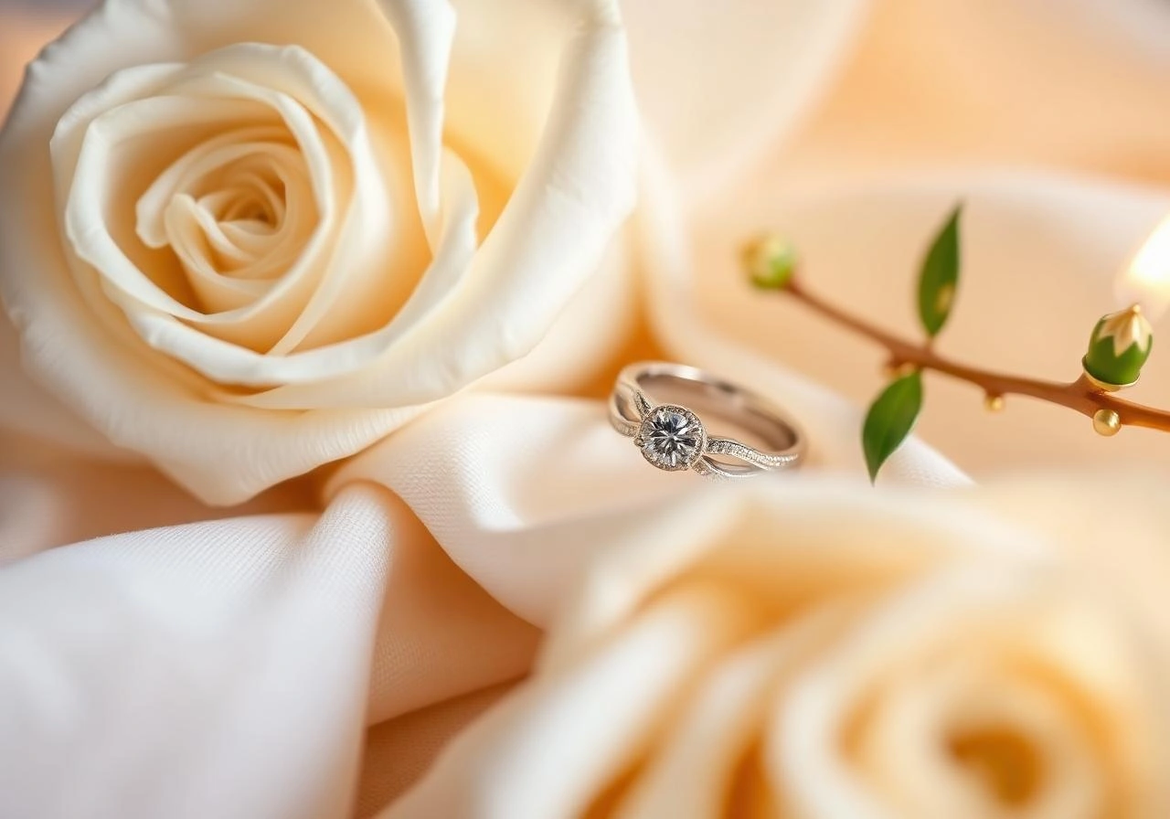 Wedding rings on cream linen with white roses