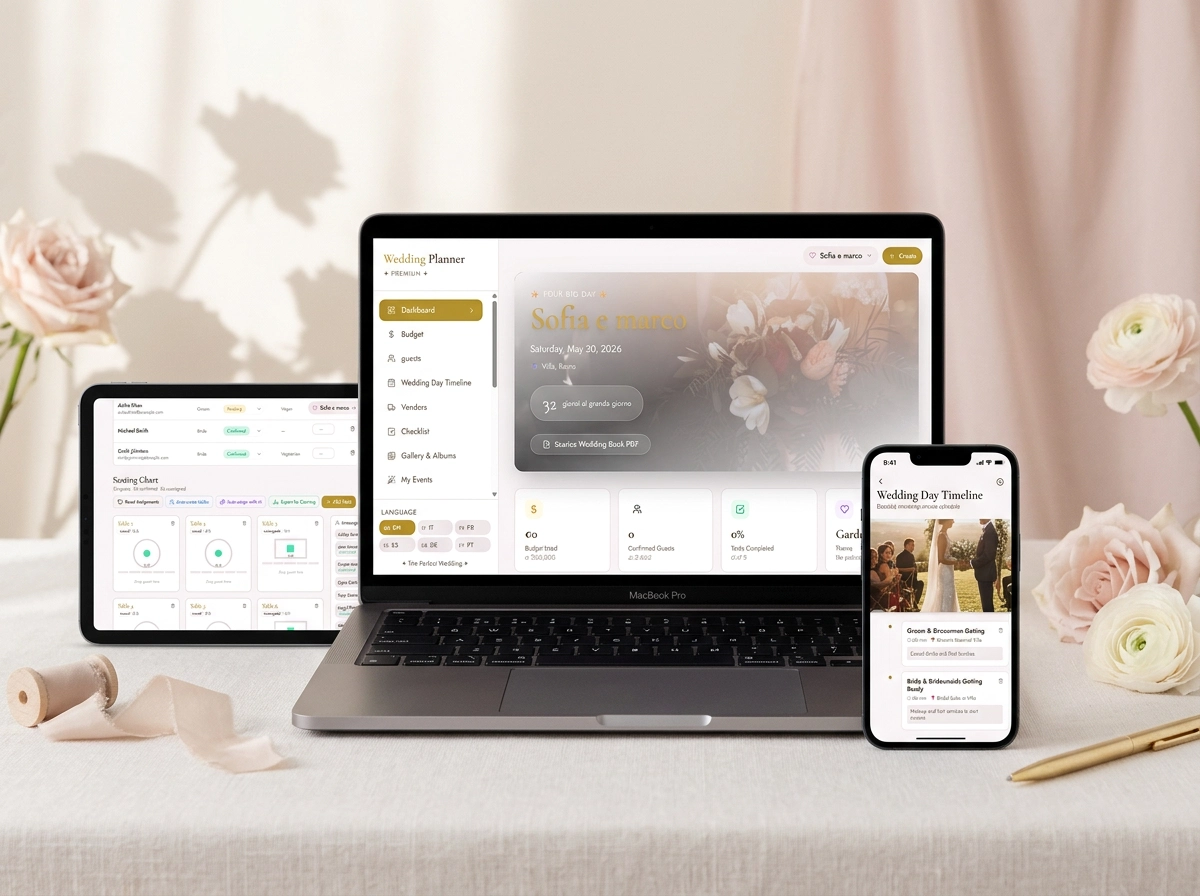 Wedding Planner Premium app shown on laptop, tablet and smartphone