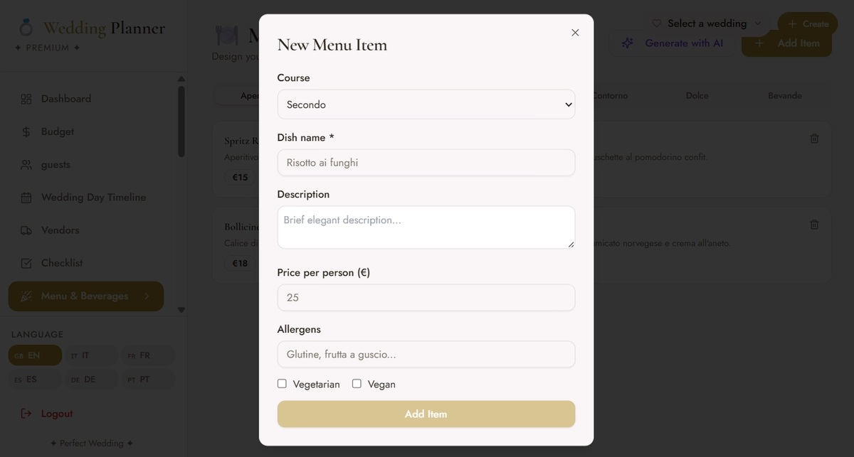 Menu and beverages composer