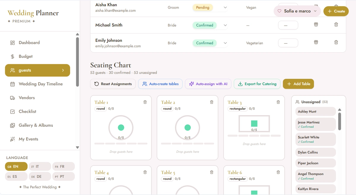 Seating chart with drag-and-drop tables